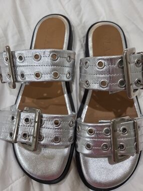 Women's Metallic Silver Double-Buckle Sandals 39(8)